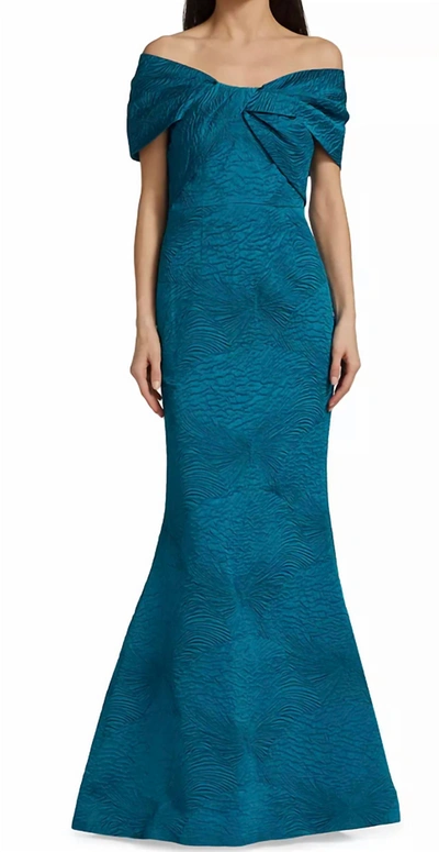 Teri Jon Off Shoulder Bow Bodice Jacquard Mermaid Gown In Peacock In Blue