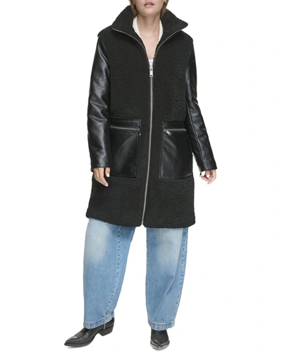 Andrew Marc Marc New York Tunis Pleather Trimmed Sherpa Coat In Black