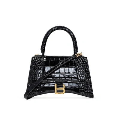 Balenciaga Hourglass Xs Crocodile-effect Leather Bag In Black