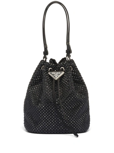 Prada Mini Crystal-embellished Satin Bucket Bag In Nero