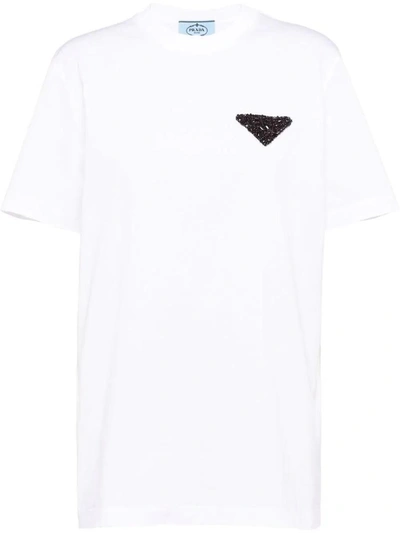 Prada Triangle-logo Crystal-embellished T-shirt In Bianco