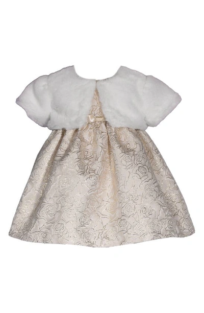 Iris & Ivy Babies' Metallic Floral Jacquard Party Dress & Faux Fur Shrug Set In Gold
