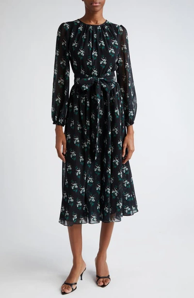 Carolina Herrera Gathered Floral Print Midi Dress With Tie Belt In Blk Mult