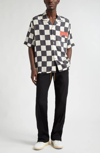 Rhude Silk Printed Broken Checker Shirt In Ivory/black/red