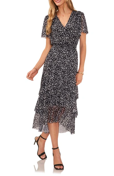 VINCE CAMUTO RUFFLE FLUTTER SLEEVE HIGH-LOW MIDI DRESS