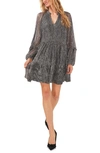 Cece Metallic Abstract Print Long Sleeve Babydoll Dress In Gunmetal
