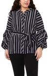 VINCE CAMUTO STRIPE BALLOON SLEEVE BUTTON-UP TOP