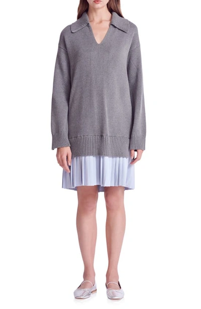 English Factory Women's Mixed Media Pleated Mini Dress In Grey,powder Blue