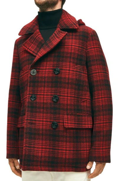 Brooks Brothers Wool Hooded Buffalo Check Pea Coat | Red | Size Xl