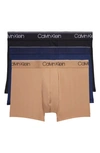 Calvin Klein Men's 3-pack Microfiber Stretch Low-rise Trunk Underwear In Black,tigers Eye,blue Shadow
