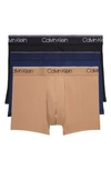 Calvin Klein Microfiber Stretch Wicking Low Rise Trunks, Pack Of 3 In Black,tigers Eye,blue Shadow