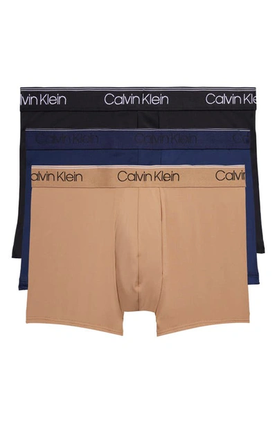 Calvin Klein Men's 3-pack Microfiber Stretch Low-rise Trunk Underwear In Black,tigers Eye,blue Shadow