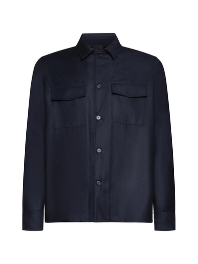 Low Brand Wool Flannel Shirt In Dark Navy