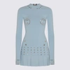 Off-white Pleated Mini Dress With Eyelets Detailing In Blue
