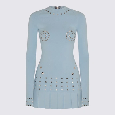 Off-white Pleated Mini Dress With Eyelets Detailing In Blue