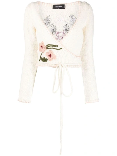 Dsquared2 Floral-embroidery Wrap Cropped Cardigan In Off White