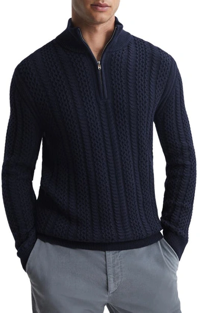 Reiss Bantham - Navy Cable Knit Half-zip Funnel Neck Jumper, L