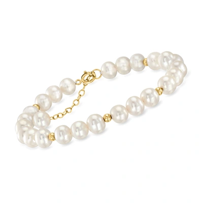 Ross-simons 6.5-7mm Cultured Pearl And 14kt Yellow Gold Bead Station Bracelet In Silver