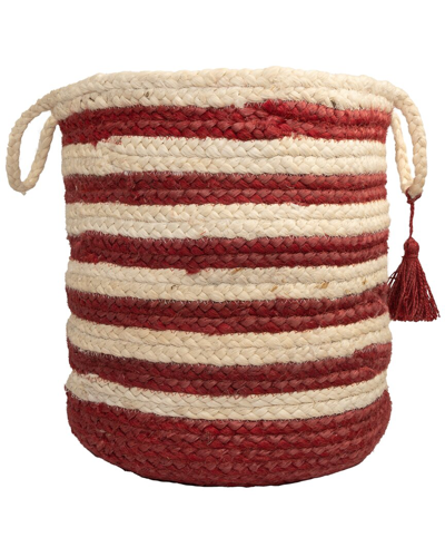 Lr Home Striped Hand-braided Light Jute Red Decorate Storage Basket In White