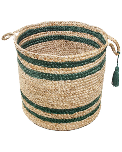 Lr Home Striped Hand-braided Jute Green Decorate Storage Basket In Brown
