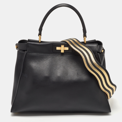 Pre-owned Fendi Black Leather Regular Peekaboo Top Handle Bag