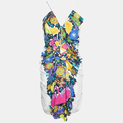 Pre-owned Roberto Cavalli Multicolor Printed Viscose Ruched Sleeveless Mini Dress L
