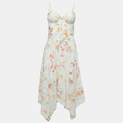 Pre-owned Zimmermann White Floral Printed Cotton Bustier Midi Dress L