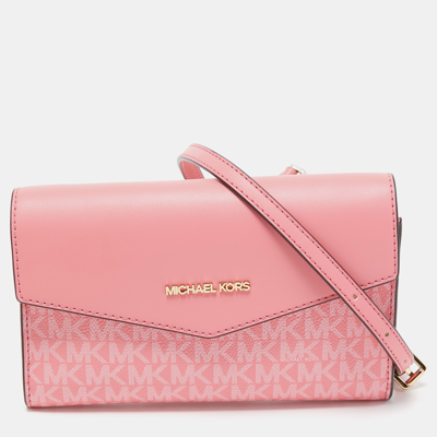 Pre-owned Michael Kors Pink Signature Coated Canvas And Leather Envelope Flap Clutch Bag