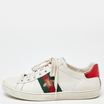Pre-owned Gucci White Leather Web Detail Bee Embroidered Ace Low Top Sneakers Size 36.5