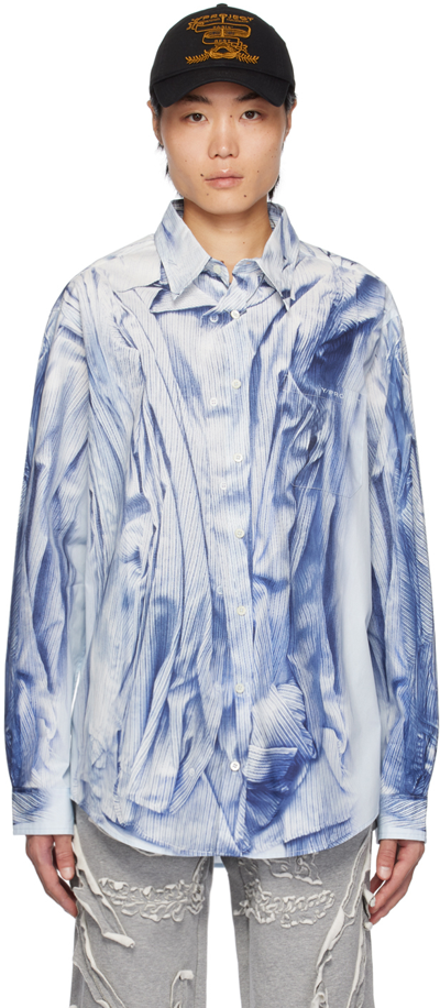 Y/project Abstract-print Regular-fit Cotton Shirt In Blue,light Blue