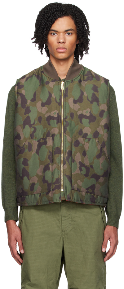 Beams Khaki Reversible Vest In Olive Camo Orange