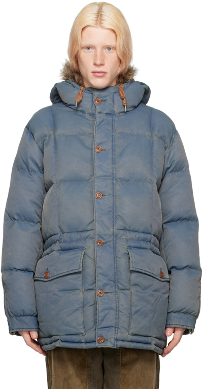 Rrl Arden Faux Fur-trimmed Recycled-nylon Padded Hooded Jacket In Blue