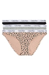 Calvin Klein Women's Carousel Cotton 3-pack Bikini Underwear Qd3588 In Beige/ Grey/ Black