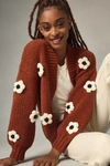 Anthropologie By  Chunky 3d Floral Knit Cardigan In Orange