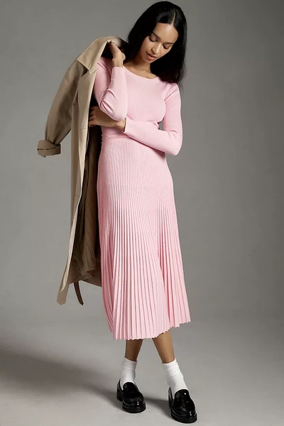 By Anthropologie Slim Knit Long-sleeve Ruched-waist Pleated Midi Dress In  Pink | ModeSens