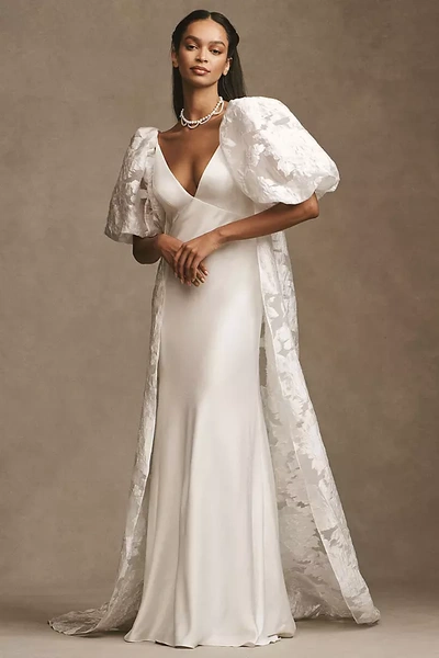 Society James Constance Puff-sleeve Jacquard Bridal Cape In White