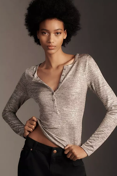 Pilcro And The Letterpress Pilcro Shine Long-sleeve Henley Top In Silver