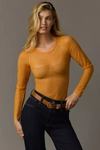 By Anthropologie Sheer Lace Long-sleeve Bodysuit In Orange