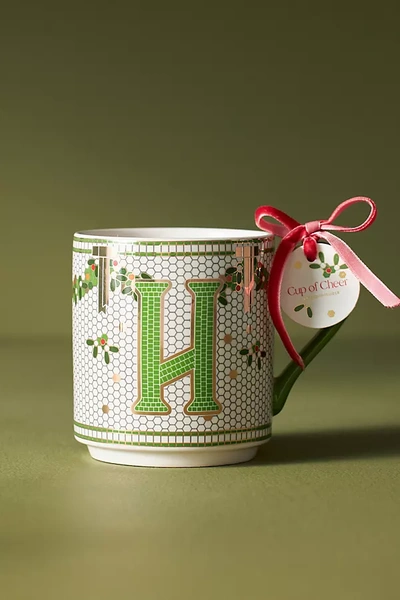 Anthropologie Festive Bistro Tile Monogram Mug In White