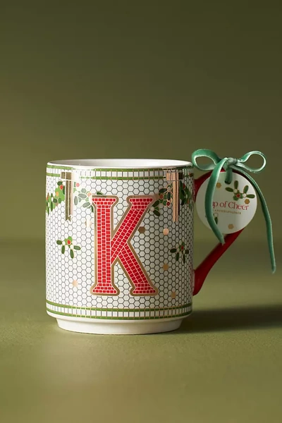 Anthropologie Festive Bistro Tile Monogram Mug In Red