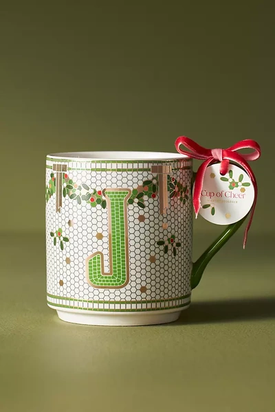 Anthropologie Festive Bistro Tile Monogram Mug In Green