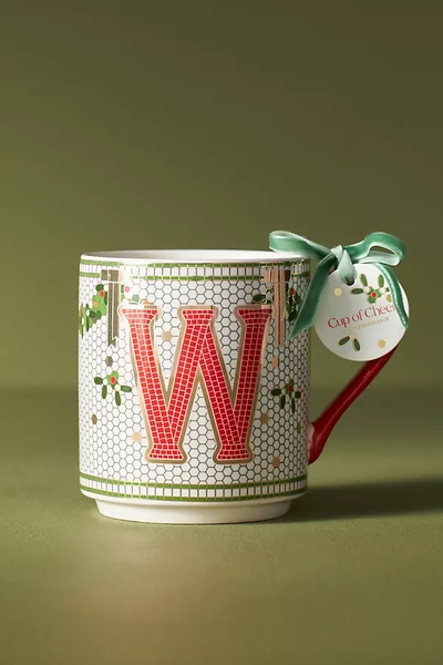 Anthropologie Festive Bistro Tile Monogram Mug In Red