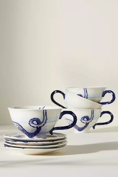 Anthropologie From The Deep Teacups & Saucers, Set Of 4