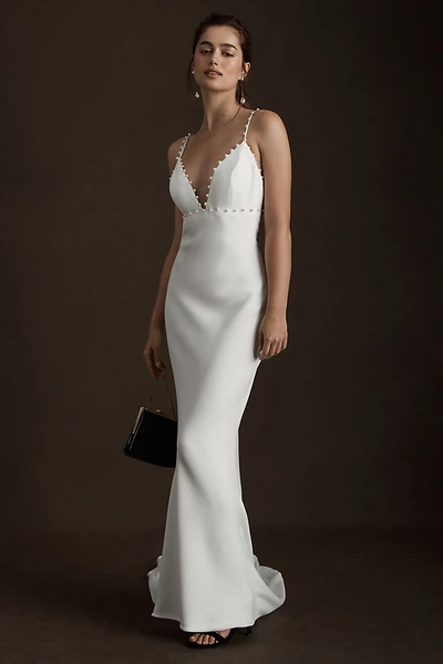 Savannah Miller Dora Pearl-trimmed V-neck Crepe Wedding Gown In White