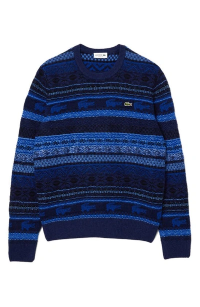 Lacoste Unisex Fair Isle Alpaca And Wool Blend Sweater - Xl - 6 In Blue