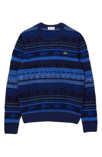 Lacoste Unisex Fair Isle Alpaca And Wool Blend Jumper - Xl - 6 In Blue