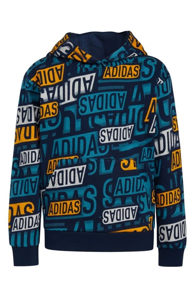 Adidas Originals Boys' Long Sleeve Brand Sticker Printed Pullover Hoodie - Big Kid In Navy/ Aqua