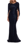 Betsy & Adam Metallic Cape Gown In Navy/ Royal