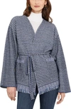 Misook Tie-waist Fringe-trim Intarsia Knit Tweed Jacket In Oceanic/ White/ Black
