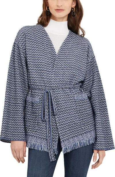 Misook Tie-waist Fringe-trim Intarsia Knit Tweed Jacket In Oceanic/white